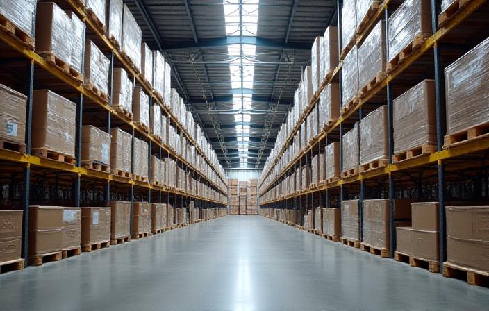 Large scale industrial warehouse interior with organized freight